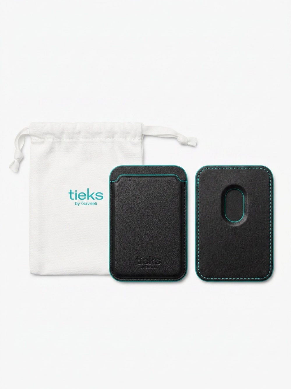 Tieks LE Black Leather Card Sleeve with Teal Trim for IPhone Android